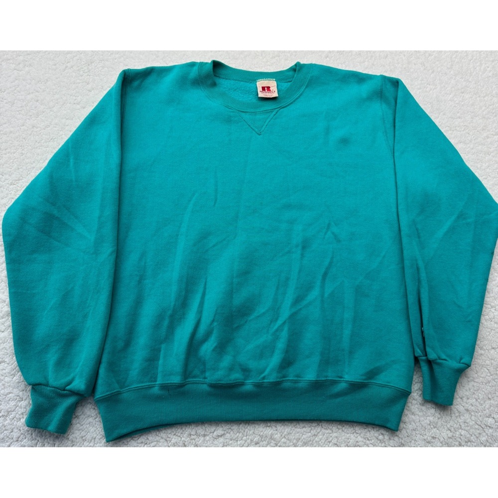Vintage Russell Athletic Sweatshirt Women's Large Teal Fleece Lined Crew Neck